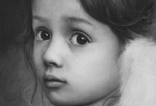 Black and white charcoal drawing of an innocent angel with pure bright eyes