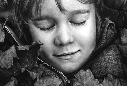 Autumn Dream - hyper-realistic charcoal drawing of child portrait by Singapore fine art artist Liu Ling