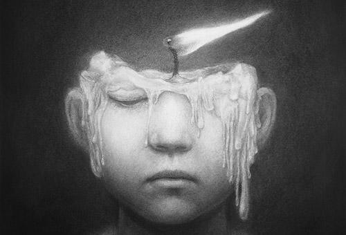 Black and white surrealistic drawing