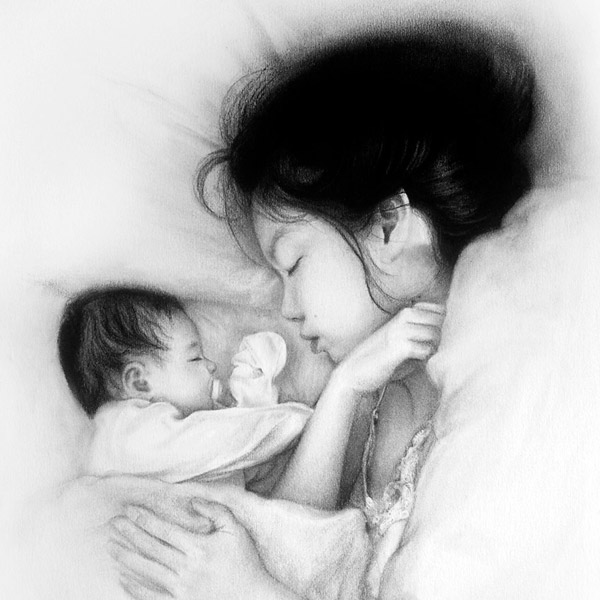 black and white portrait drawing of mum and baby