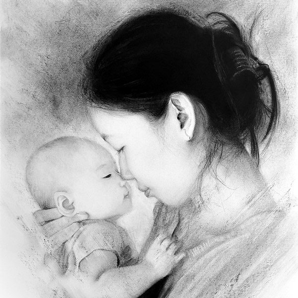 custom portrait drawing of a beautiful mum holding a baby