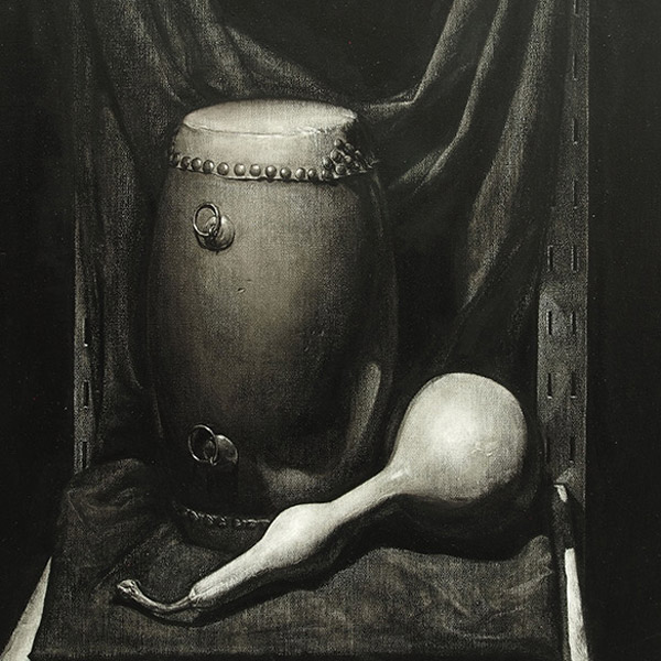 Drum and Gourd - black and white contemporary still life oil under-painting by Singapore fine art artist Liu Ling at Art Is Oil Painting Class