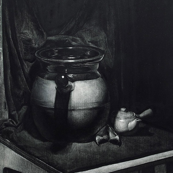 Still Life with Pots  - black and white contemporary still life oil under-painting by Singapore fine art artist Liu Ling at Art Is Oil Painting Course