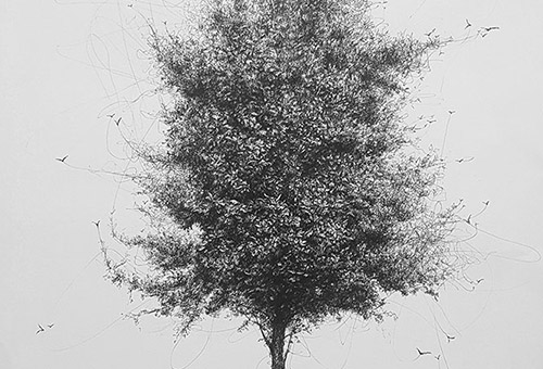 Tree No.4- scribbling art of a wind-bent tree. Pen and ink drawing of nature by Singapore artist Liu Ling